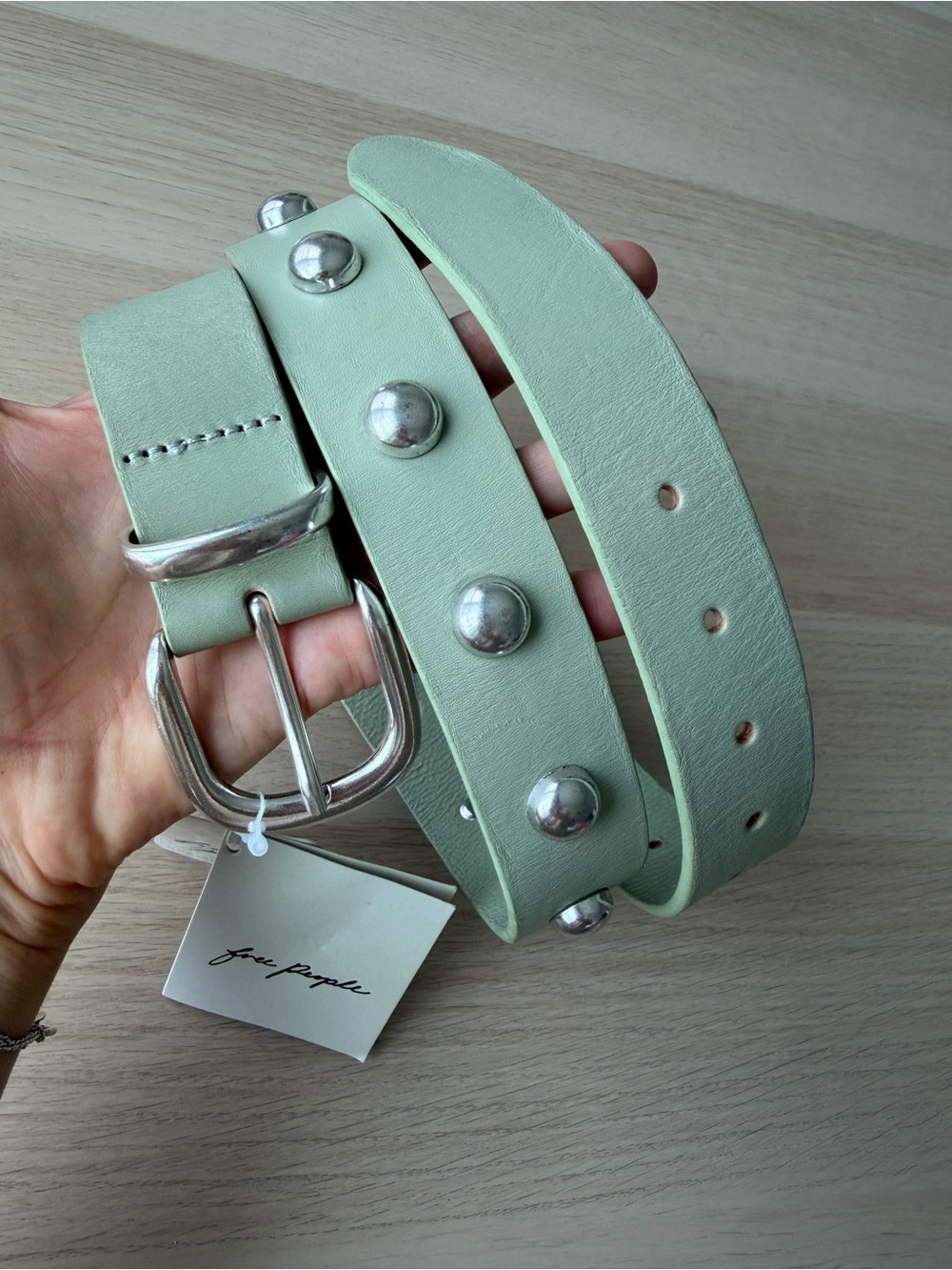 Free People Mint Studded Leather Belt Silver Buckle M/L Boho  Western Casual NWT